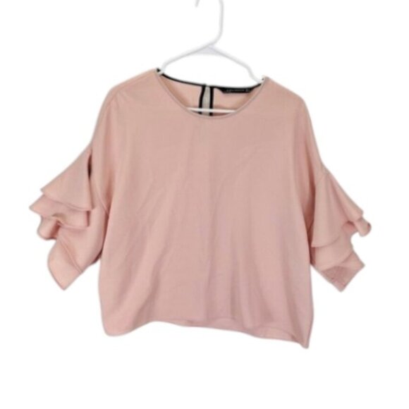 ZARA Woman Cropped Blouse Women’s Size L Pink Ruffle Flutter Sleeve Keyhole Top - Picture 1 of 9